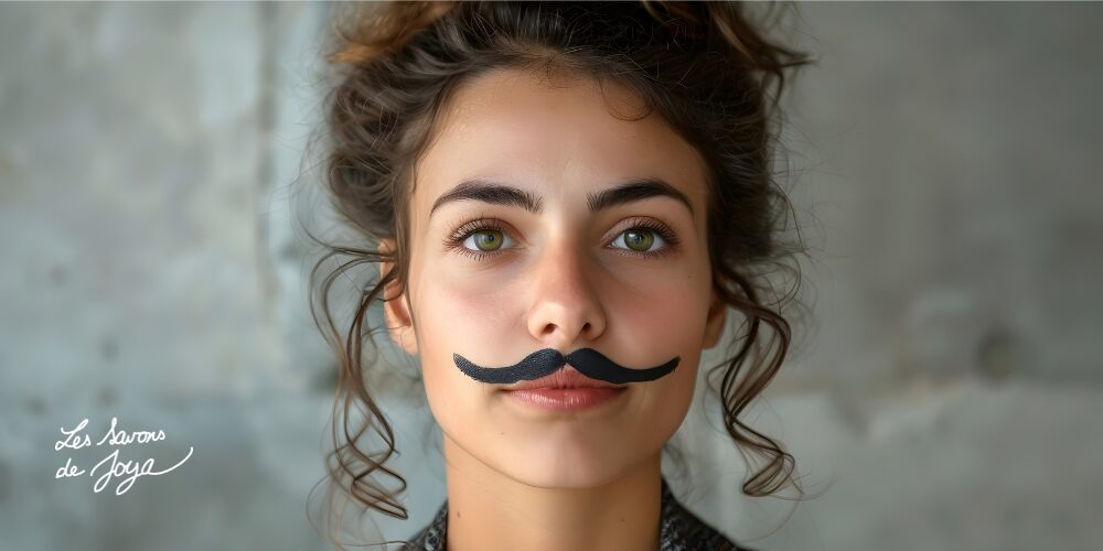 jeune femmes aux cheveux châtains portant une fausse moustache