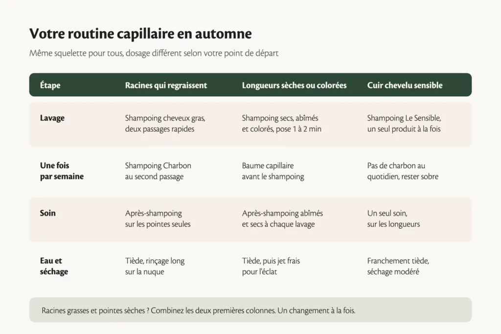Tableau de la routine capillaire en automne pour racines grasses, longueurs sèches ou cuir chevelu sensible