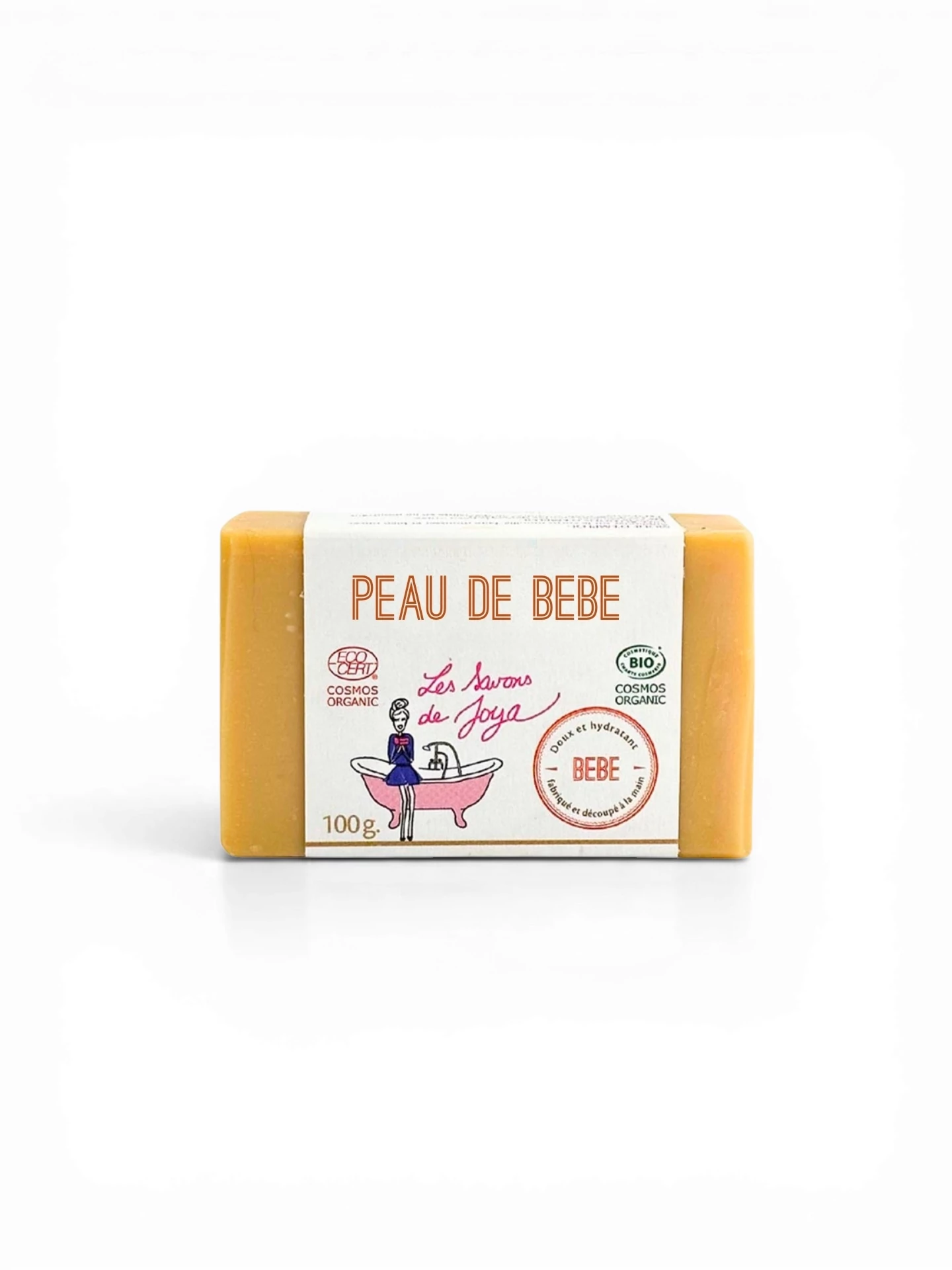 Savon 'LAIT D'AVOINE CAMOMILLE' de Les Savons de Joya, spécifié pour bébé, de couleur crème. Certifié 'COSMOS ORGANIC' et 'BIO', le savon de 100g est présenté comme doux et hydratant, '100% d'origine naturelle'