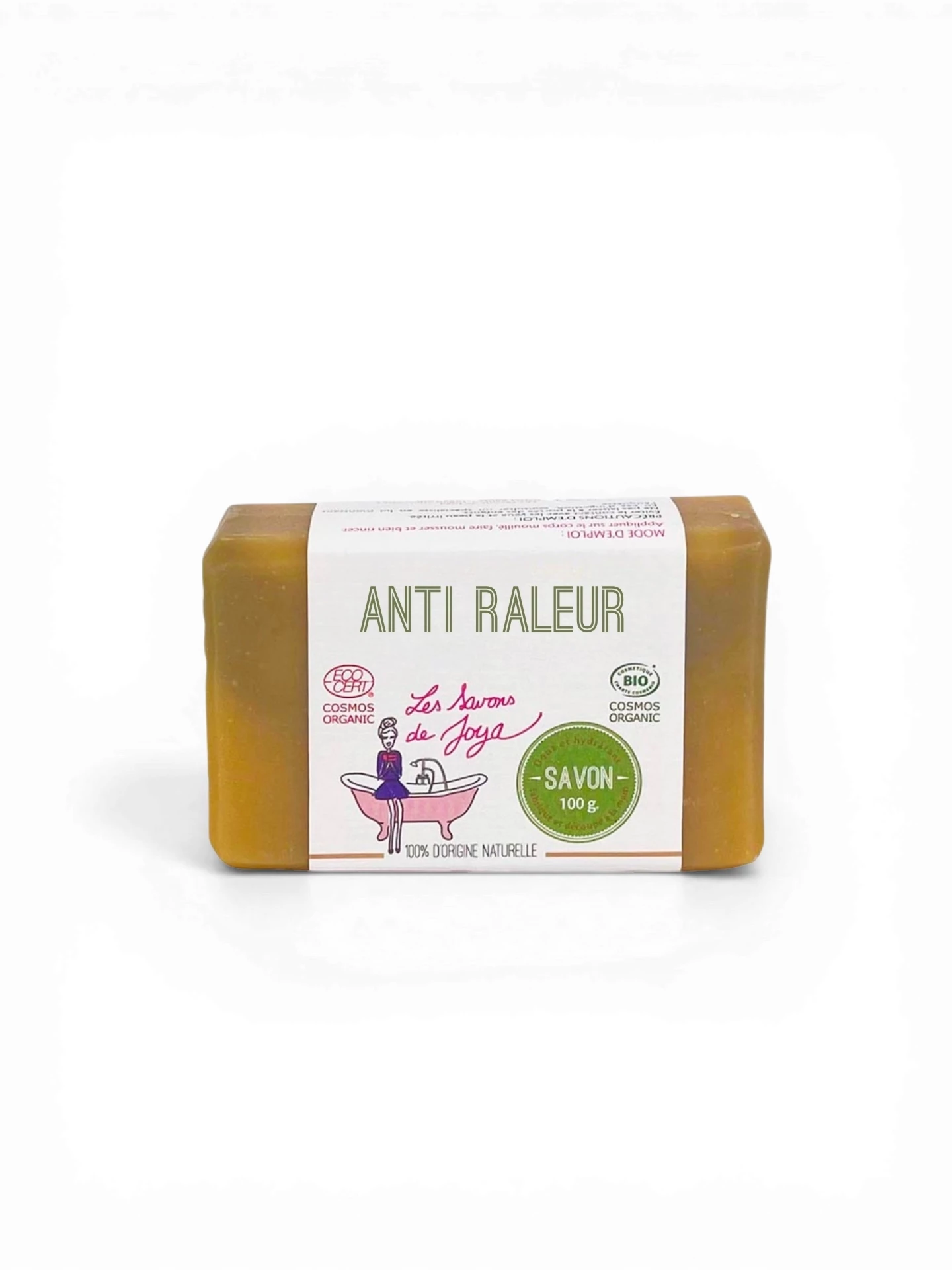 Savon LAIT DE CHÈVRE YLANG YLANG de Les Savons de Joya, certifié COSMOS ORGANIC et BIO. Le produit pèse 100g et est décrit comme 100% d'origine naturelle, offrant des bienfaits aromatiques et hydratants.