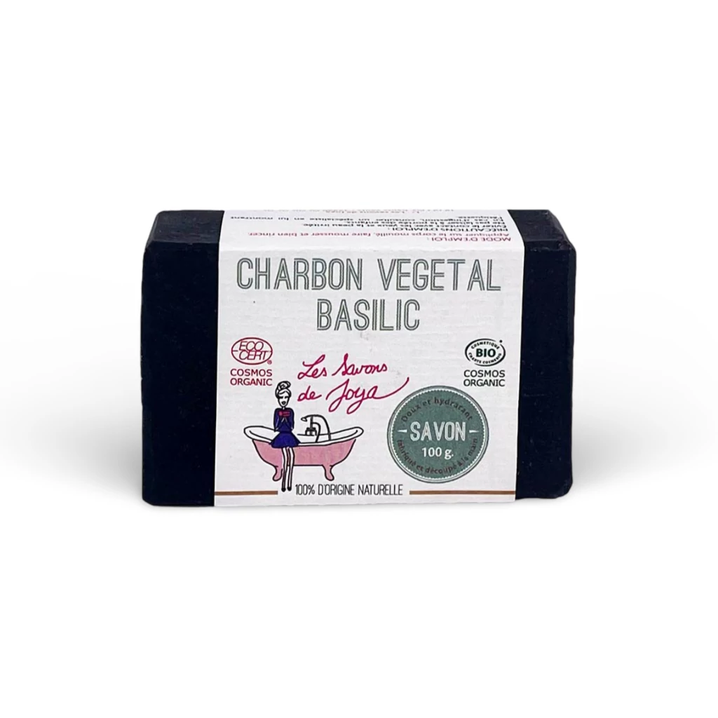 Savon au charbon végétal basilic de 100 grammes et 100% d'origine naturelle.