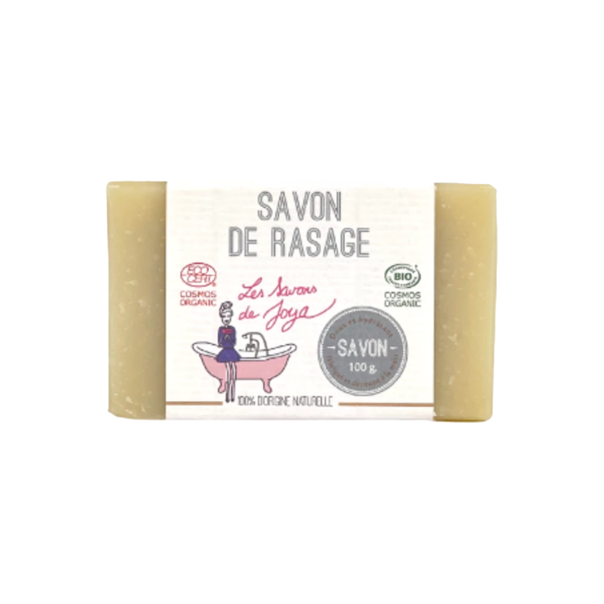 Savon de rasage de couleur crème, étiqueté SAVON DE RASAGE de Les Savons de Joya. Certifié COSMOS ORGANIC et BIO, ce savon de 100g est décrit comme 100% d'origine naturelle, conçu pour une utilisation douce et hydratante.