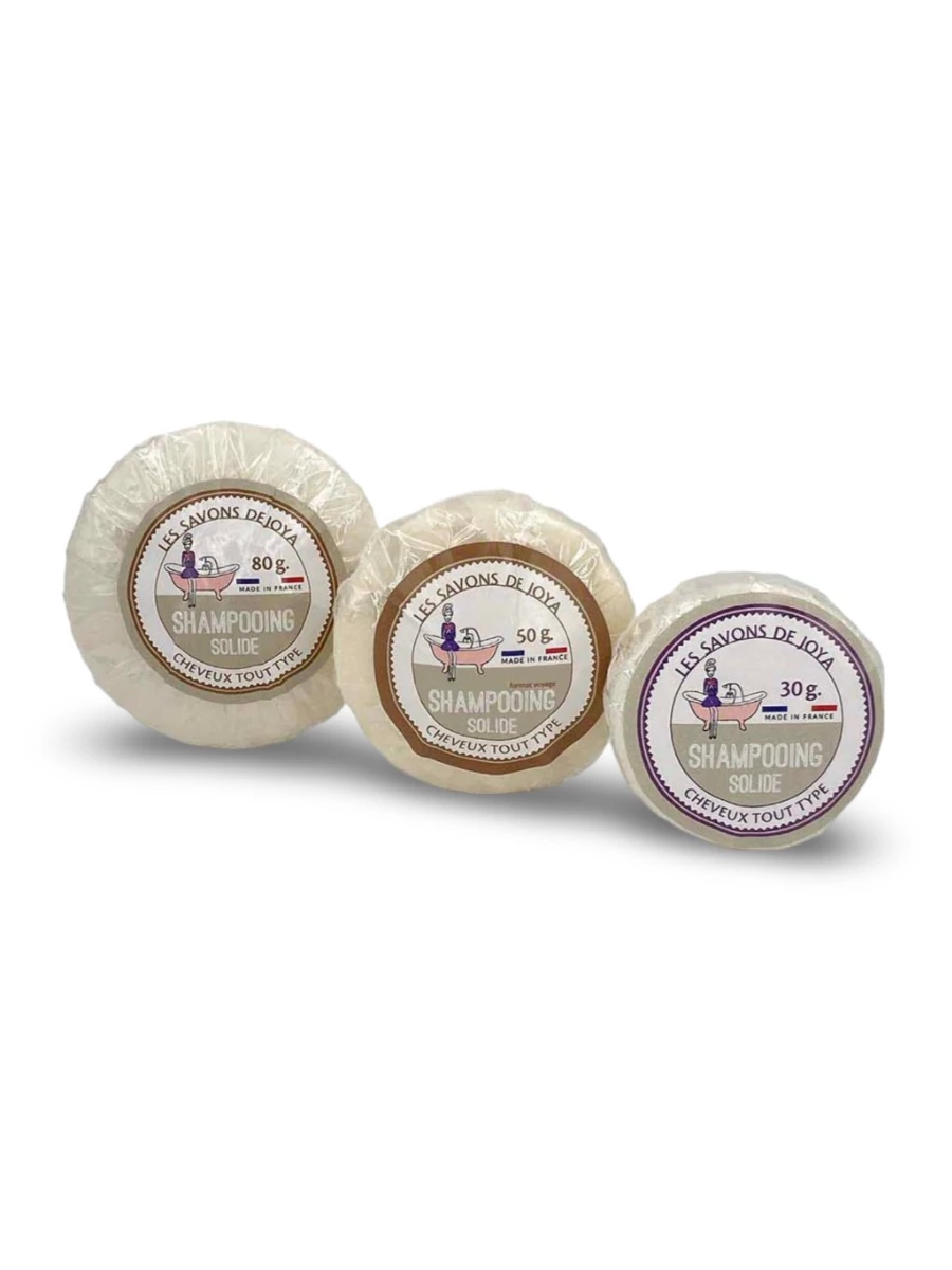 Trio de shampoing solide pour tout type de cheveux de 80, 50 et 30 grammes.