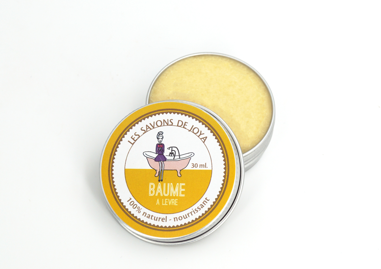 Baume à lèvres nourrissant 100% naturel en pot métal 30 ml Les Savons de Joya ouvert