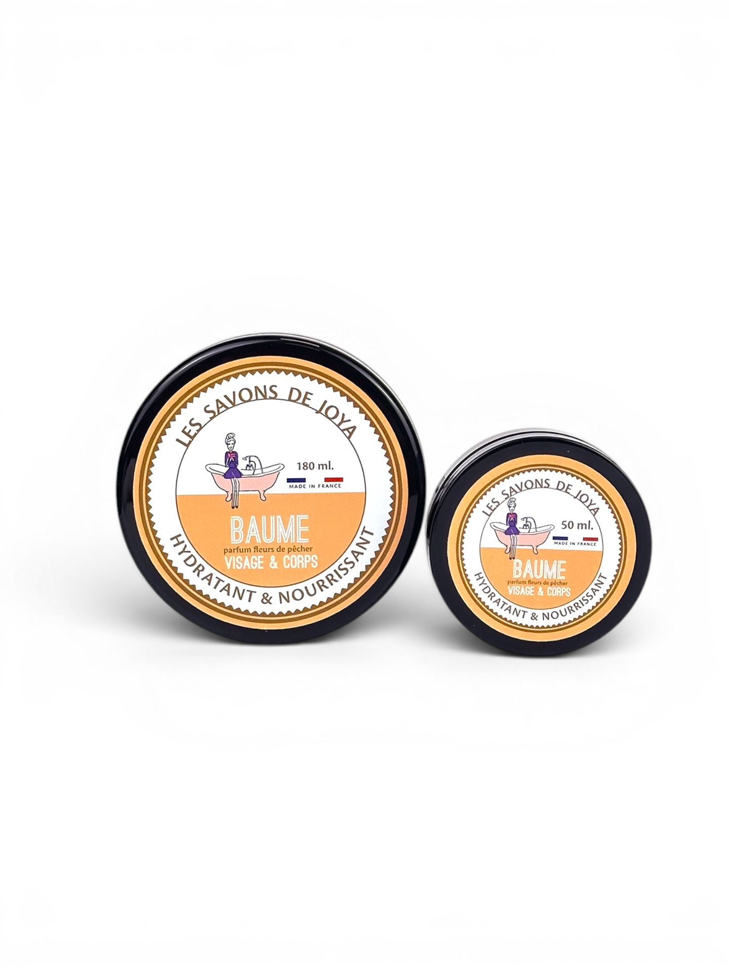 Baumes hydratants solides visage et corps Les Savons de Joya parfum fleurs de pêcher en deux formats 180 ml et 50 ml