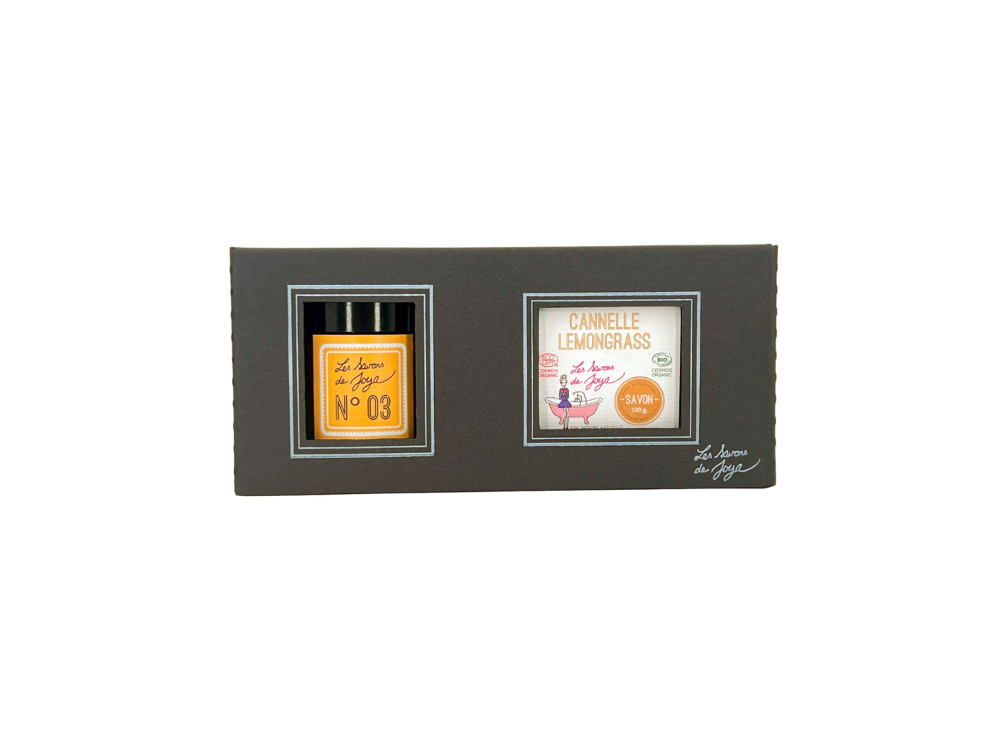Coffret bien-être naturel Les Savons de Joya bougie N°03 et savon Cannelle Lemongrass