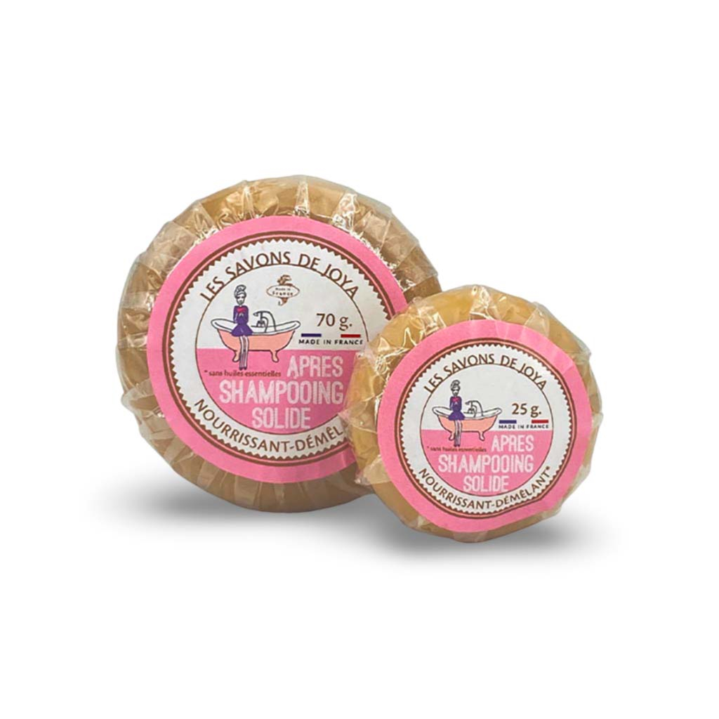 Duo d'après-shampoing solide nourrissant et démêlant sans huiles essentiels de 70 et 25 grammes.
