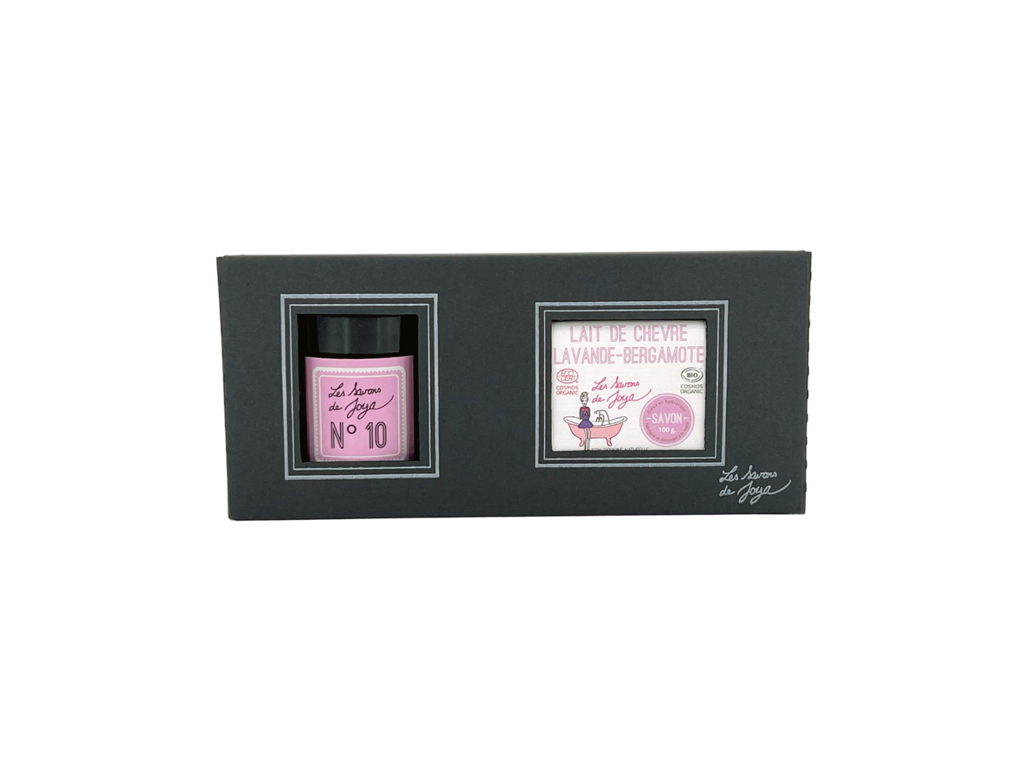 Coffret bien-être Les Savons de Joya bougie N°10 et savon lait de chèvre lavande bergamote
