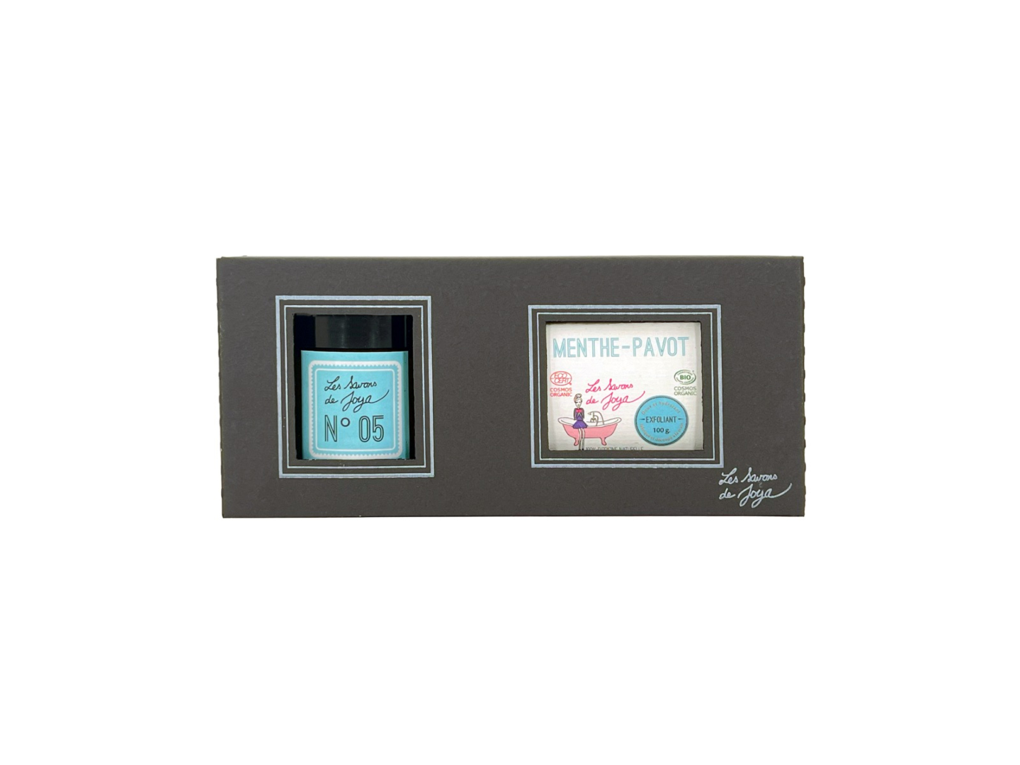 Coffret bien-être Les Savons de Joya bougie N°05 et savon menthe pavot exfoliant