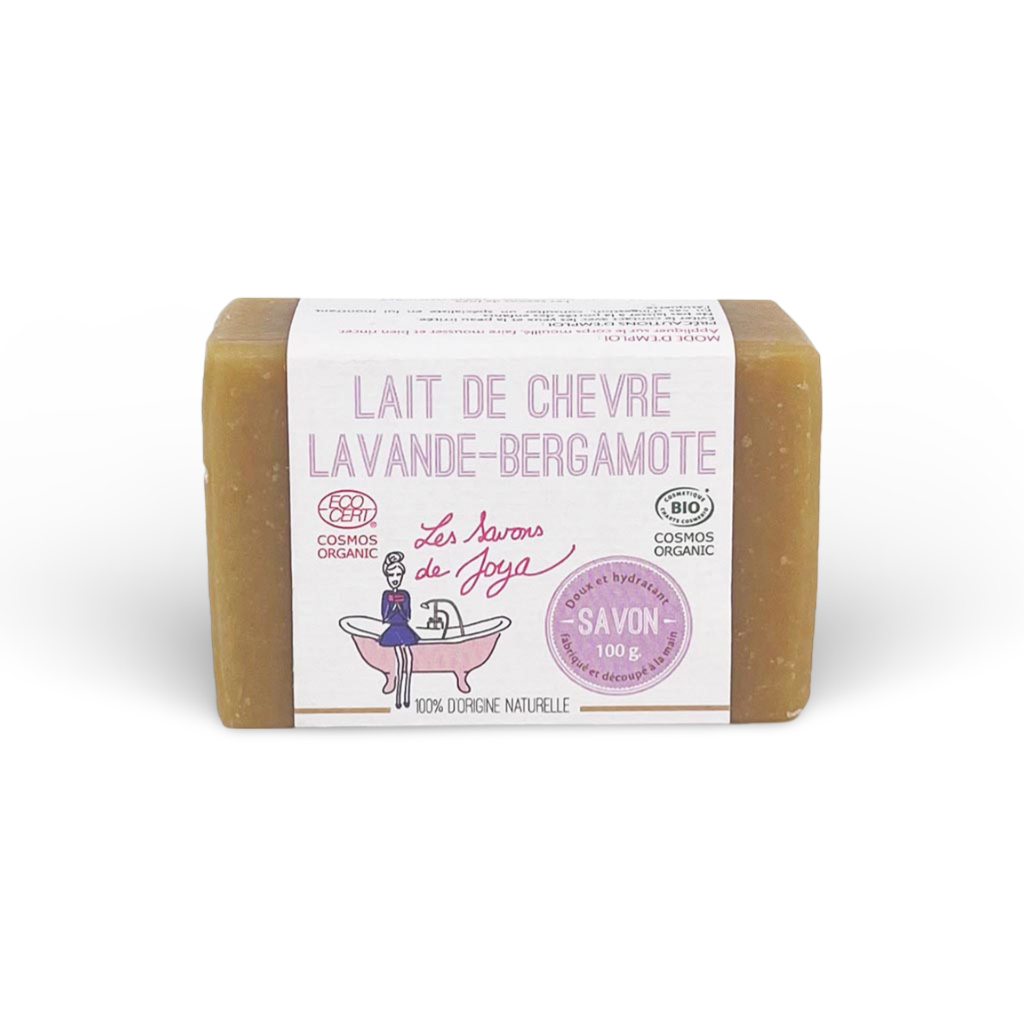 Savon au lait de chèvre lavande-bergamote de 100 grammes et 100% d'origine naturelle.