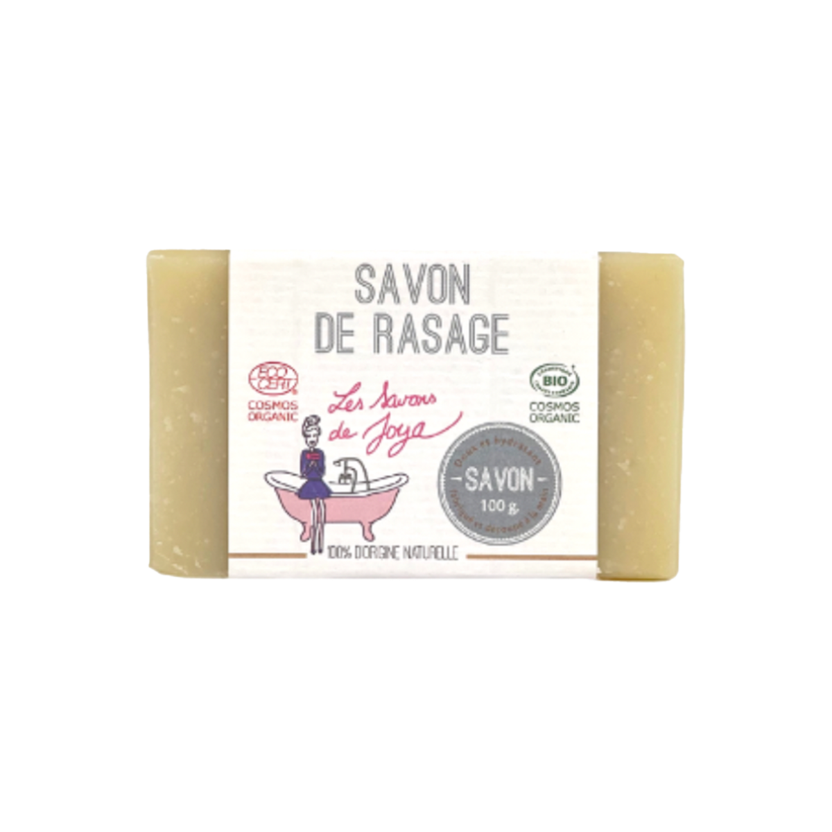 Savon de rasage de couleur crème, étiqueté SAVON DE RASAGE de Les Savons de Joya. Certifié COSMOS ORGANIC et BIO, ce savon de 100g est décrit comme 100% d'origine naturelle, conçu pour une utilisation douce et hydratante.