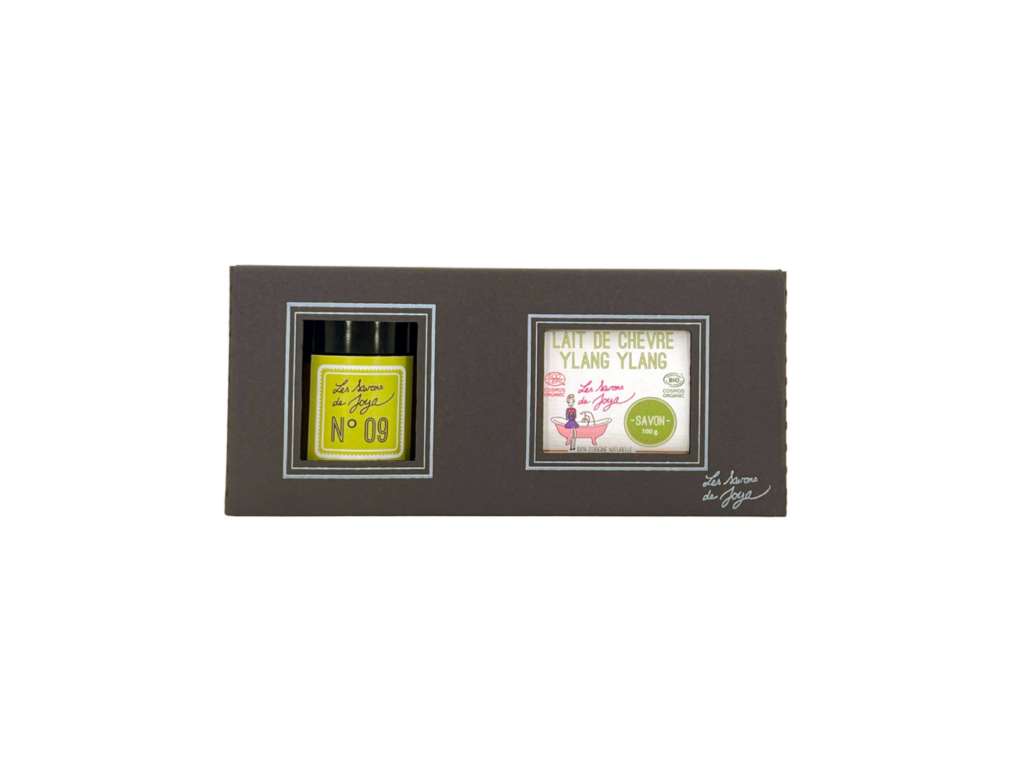 Coffret bien-être Les Savons de Joya bougie N°09 et savon lait de chèvre ylang ylang