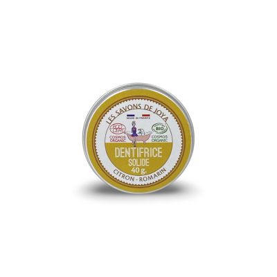 Boite dentifrice solide au citron et romarin de 40 grammes.