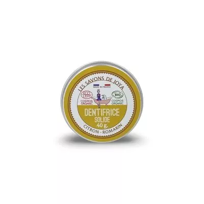 Boite dentifrice solide au citron et romarin de 40 grammes.