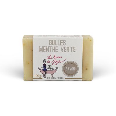 Savon 'BULLES MENTHE VERTE' de la marque Les Savons de Joya, emballé avec une étiquette annonçant un poids de 100g et une composition 100% d'origine naturelle.