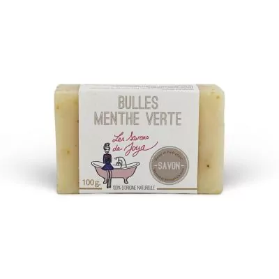 Savon 'BULLES MENTHE VERTE' de la marque Les Savons de Joya, emballé avec une étiquette annonçant un poids de 100g et une composition 100% d'origine naturelle.