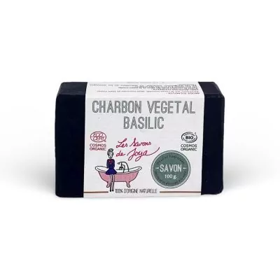 Savon noir CHARBON VÉGÉTAL BASILIC de Les Savons de Joya, affichant des labels COSMOS ORGANIQUE et BIO. Le produit, pesant 100g, est présenté comme 100% d'origine naturelle, évoquant des propriétés purifiantes.