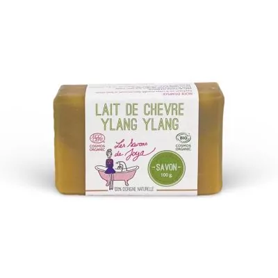 Savon LAIT DE CHÈVRE YLANG YLANG de Les Savons de Joya, certifié COSMOS ORGANIC et BIO. Le produit pèse 100g et est décrit comme 100% d'origine naturelle, offrant des bienfaits aromatiques et hydratants.