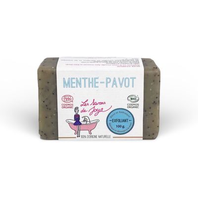 Savon exfoliant MENTHE-PAVOT de Les Savons de Joya, étiqueté avec les certifications COSMOS ORGANIC et BIO. Le savon de 100g présente des points noirs de graines de pavot sur un fond vert pâle, évoquant sa propriété exfoliante et son origine 100% naturell