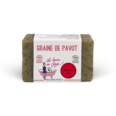 Savon exfoliant GRAINE DE PAVOT de Les Savons de Joya. Le produit est certifié COSMOS ORGANIC et BIO, pèse 100g et est étiqueté comme 100% d'origine naturelle.