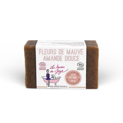 Savon FLEURS DE MAUVE AMANDE DOUCE de Les Savons de Joya, couleur marron avec des particules de fleur. Certifié COSMOS ORGANIC et BIO, le savon de 100g est étiqueté comme SAVON INTIME et 100% d'origine naturelle.