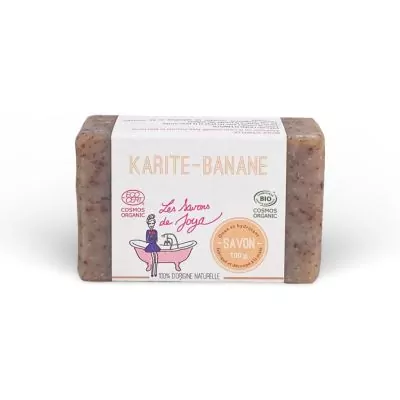 
Savon surgras sans huiles essentielles, marqué KARITÉ-BANANE fabriqué par Les Savons de Joya. Présenté dans un emballage avec des labels COSMOS ORGANIQUE et BIO. Le produit est 100% d'origine naturelle et pèse 100g.