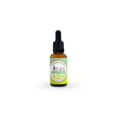 Sérum huileux visage purifiant de 30 ml dans son flacon et sa pipette.