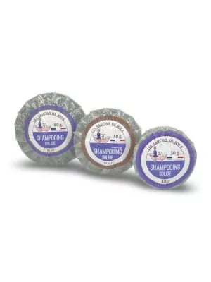 Trio de shampoing solide bleu de 80, 50 et 30 grammes.