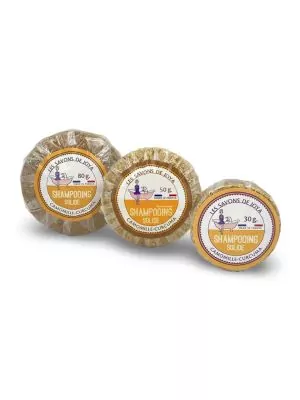 Trio de shampoing solide camomille-curcuma de 80, 50 et 30 grammes.