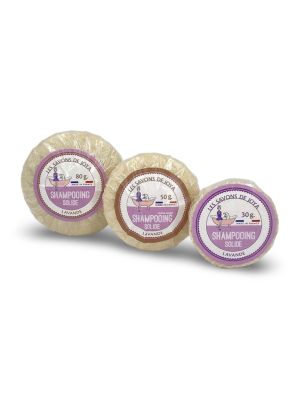 Trio de shampoing solide à la lavande de 80, 50 et 30 grammes.